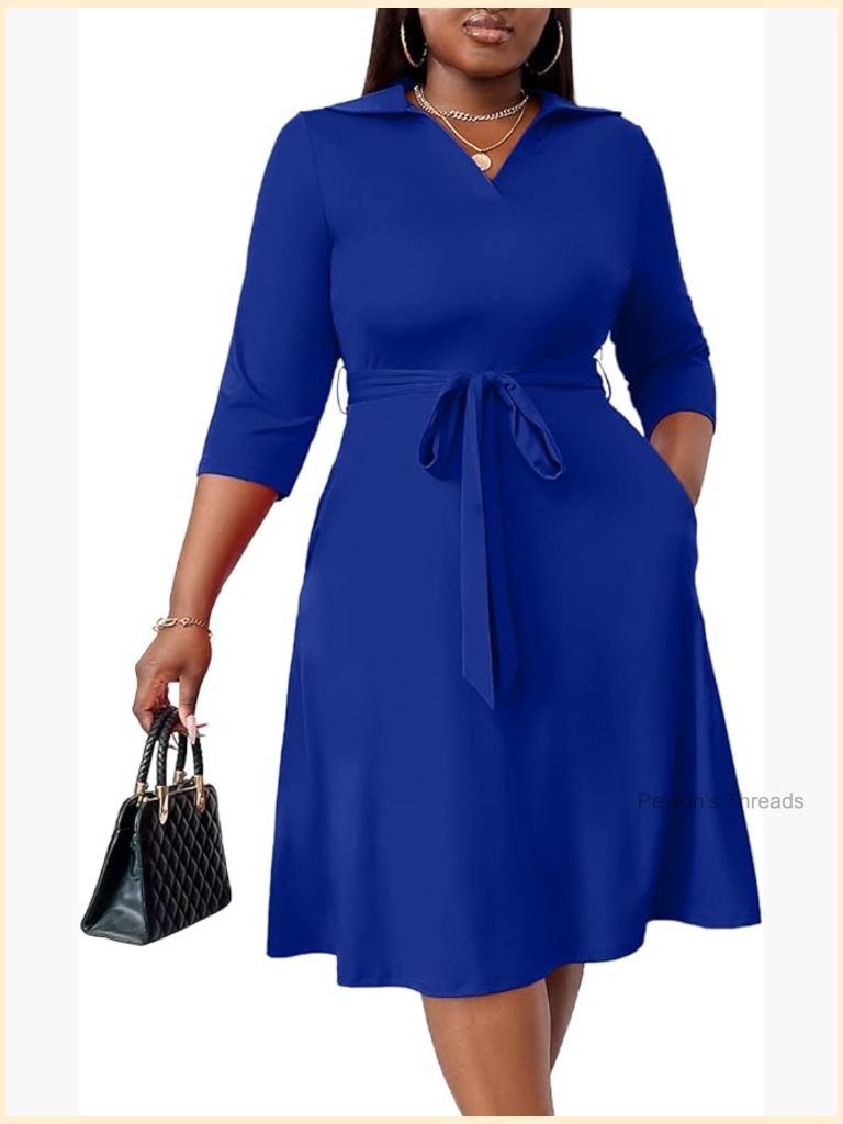 Plus Size Womens Cocktail Midi Dress 3/4 Sleeve V-Neck With Pockets & Belt